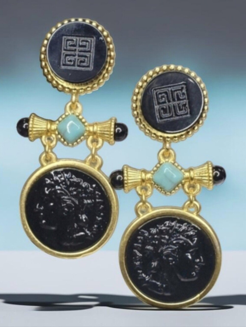 18k Gold Plated Byzantine Onyx Intaglio Glass Turquoise Doorknocker Earrings